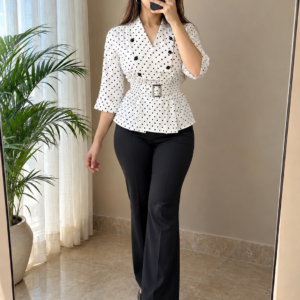 Polka Dot Double-Breasted Peplum Top with Buckle Belt