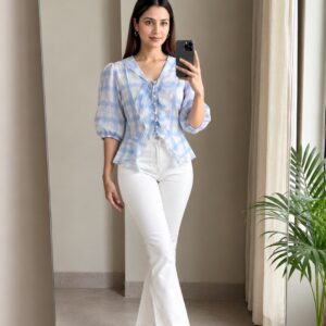 Checked Ruffle Peplum Top with Tie-Up Neckline